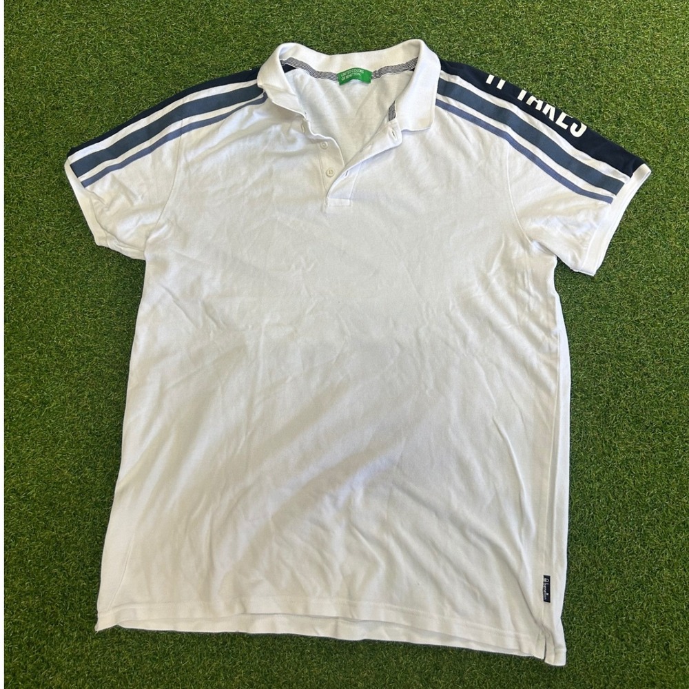 United Colors of Benetton Mens White Polo Shirt Graphic Stripe Sleeve XL